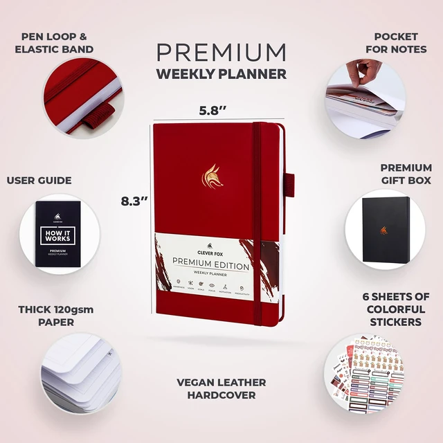 Alt view image 2 of 7 - Planner Premium, Undated Weekly & Monthly Planner, Red Advanced planner with gift box & stickers, daily day organizer for women, men & entrepreneurs, A5 eco leather hard cover