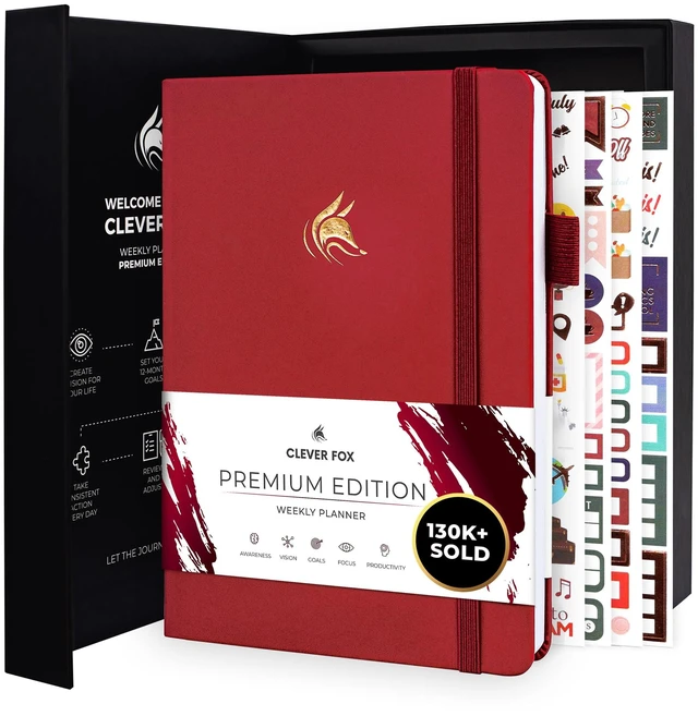 Main image of Planner Premium, Undated Weekly & Monthly Planner, Red Advanced planner with gift box & stickers, daily day organizer for women, men & entrepreneurs, A5 eco leather hard cover