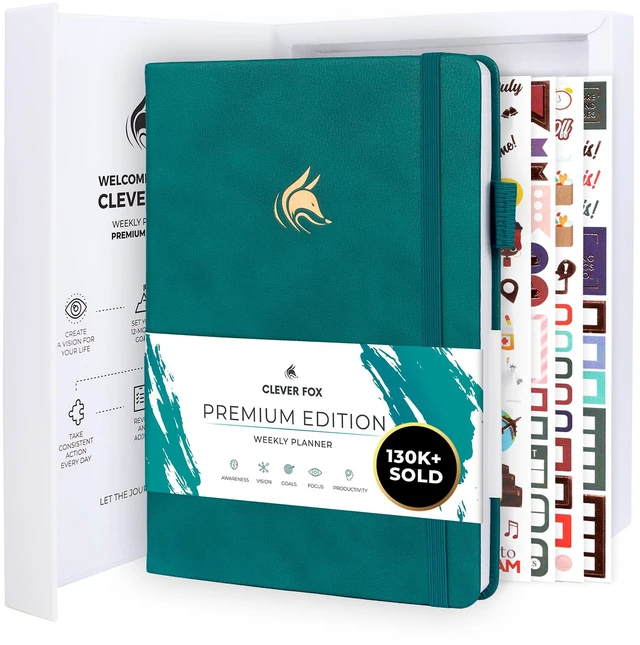 Main image of Planner Premium, Undated Weekly & Monthly Planner, Teal Advanced planner with gift box & stickers, daily day organizer for women, men & entrepreneurs, A5 eco leather hard cover
