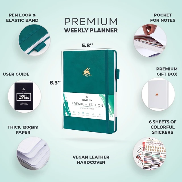 Alt view image 2 of 7 - Planner Premium, Undated Weekly & Monthly Planner, Teal Advanced planner with gift box & stickers, daily day organizer for women, men & entrepreneurs, A5 eco leather hard cover