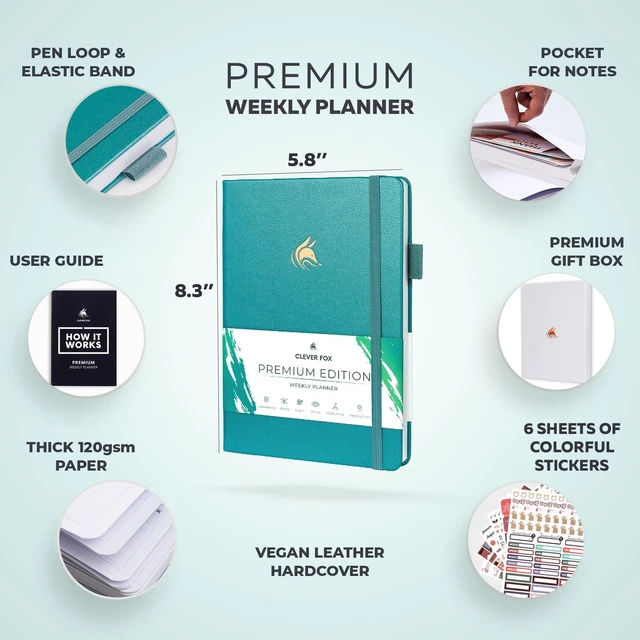 Alt view image 2 of 7 - Planner Premium, Undated Weekly & Monthly Planner, Aquamarine Advanced planner with gift box & stickers, daily day organizer for women, men & entrepreneurs, A5 eco leather hard cover