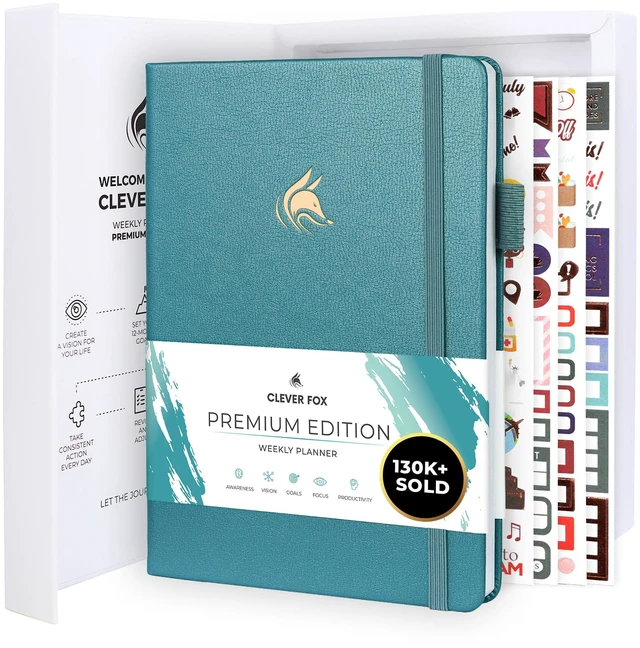 Main image of Planner Premium, Undated Weekly & Monthly Planner, Aquamarine Advanced planner with gift box & stickers, daily day organizer for women, men & entrepreneurs, A5 eco leather hard cover