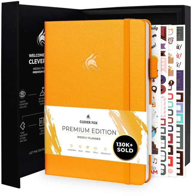 Main image of Planner Premium, Undated Weekly & Monthly Planner, Amber Yellow Advanced planner with gift box & stickers, daily day organizer for women, men & entrepreneurs, A5 eco leather hard cover