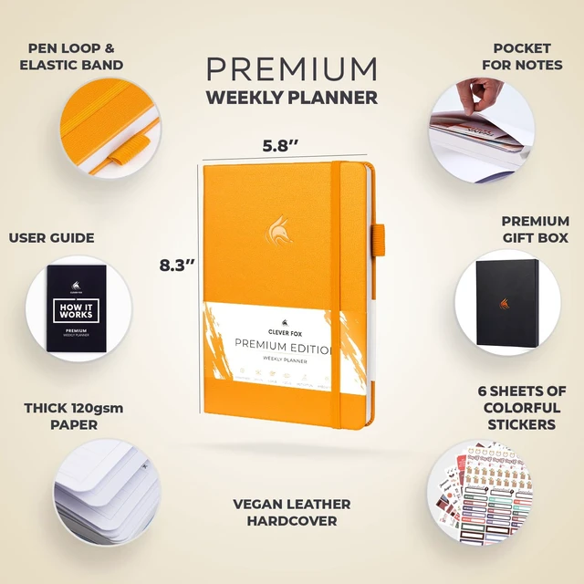 Alt view image 2 of 7 - Planner Premium, Undated Weekly & Monthly Planner, Amber Yellow Advanced planner with gift box & stickers, daily day organizer for women, men & entrepreneurs, A5 eco leather hard cover