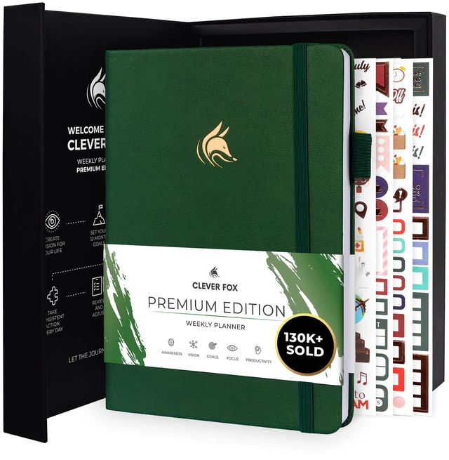 Main image of Planner Premium, Undated Weekly & Monthly Planner, Forest Green Advanced planner with gift box & stickers, daily day organizer for women, men & entrepreneurs, A5 eco leather hard cover