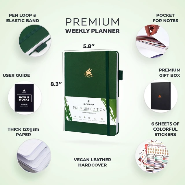 Alt view image 2 of 7 - Planner Premium, Undated Weekly & Monthly Planner, Forest Green Advanced planner with gift box & stickers, daily day organizer for women, men & entrepreneurs, A5 eco leather hard cover