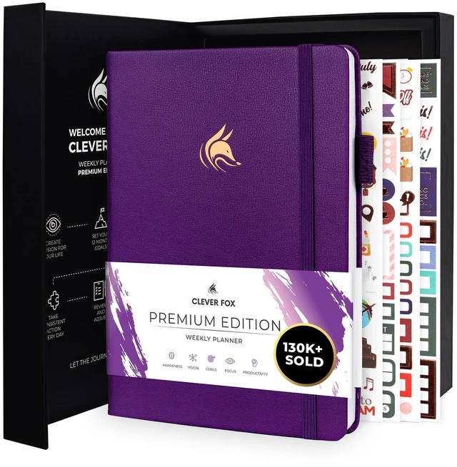 Main image of Planner Premium, Undated Weekly & Monthly Planner, Purple Advanced planner with gift box & stickers, daily day organizer for women, men & entrepreneurs, A5 eco leather hard cover
