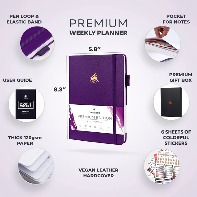 Alt view image 2 of 7 - Planner Premium, Undated Weekly & Monthly Planner, Purple Advanced planner with gift box & stickers, daily day organizer for women, men & entrepreneurs, A5 eco leather hard cover