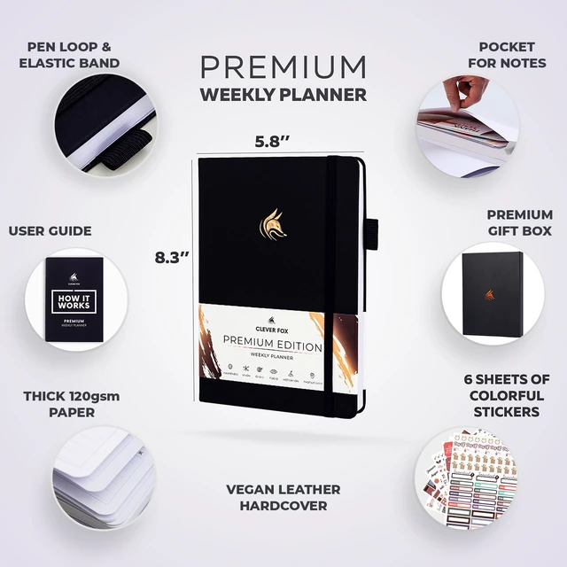 Alt view image 2 of 7 - Planner Premium, Undated Weekly & Monthly Planner, Black Advanced planner with gift box & stickers, daily day organizer for women, men & entrepreneurs, A5 eco leather hard cover