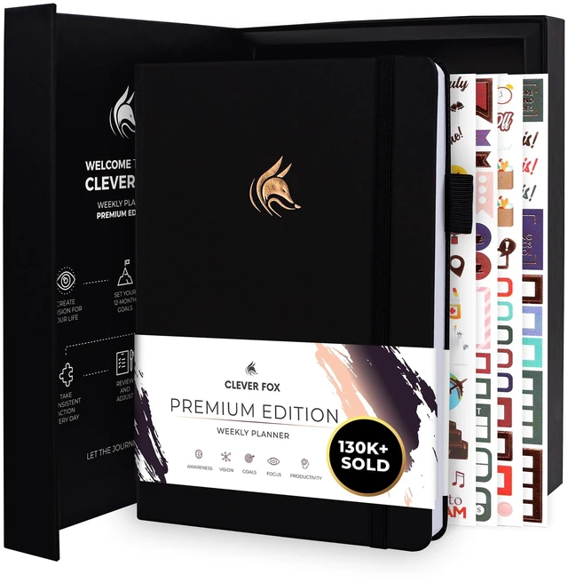 Main image of Planner Premium, Undated Weekly & Monthly Planner, Black Advanced planner with gift box & stickers, daily day organizer for women, men & entrepreneurs, A5 eco leather hard cover