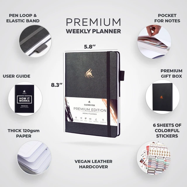 Alt view image 2 of 7 - Planner Premium, Undated Weekly & Monthly Planner, Silver Black Advanced planner with gift box & stickers, daily day organizer for women, men & entrepreneurs, A5 eco leather hard cover