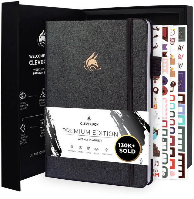 Main image of Planner Premium, Undated Weekly & Monthly Planner, Silver Black Advanced planner with gift box & stickers, daily day organizer for women, men & entrepreneurs, A5 eco leather hard cover
