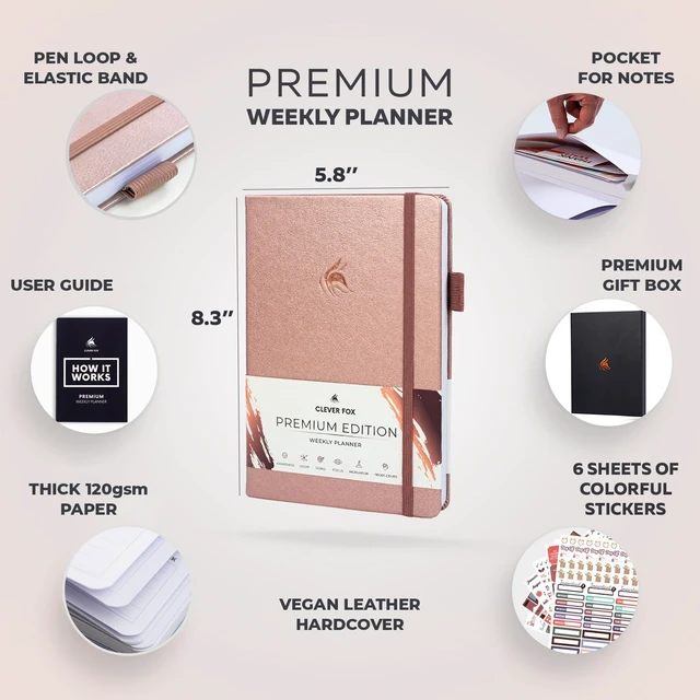 Alt view image 2 of 7 - Planner Premium, Undated Weekly & Monthly Planner, Rose Gold Advanced planner with gift box & stickers, daily day organizer for women, men & entrepreneurs, A5 eco leather hard cover