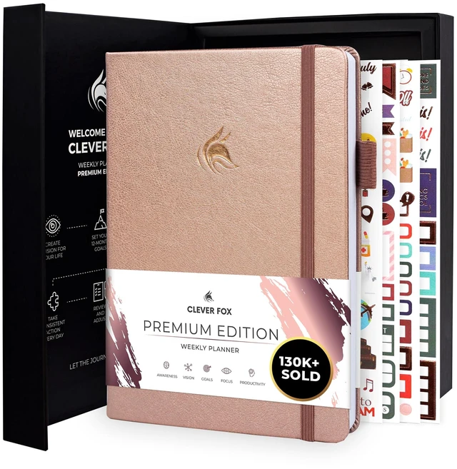 Main image of Planner Premium, Undated Weekly & Monthly Planner, Rose Gold Advanced planner with gift box & stickers, daily day organizer for women, men & entrepreneurs, A5 eco leather hard cover
