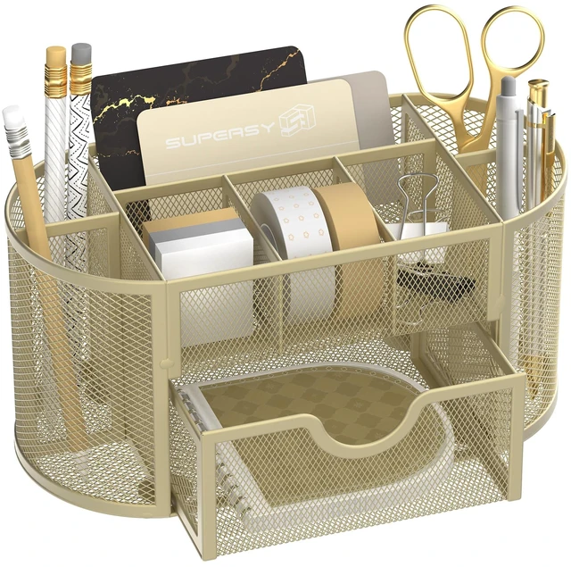 Main image of Mesh Desk Organizer, Desk Accessories & Workspace Organizers with Drawers, Pencil Holder for Desk with 9 Compartments for Office Suppliess, 8.6 x 4.3 x 4.1 Inch, Yellow