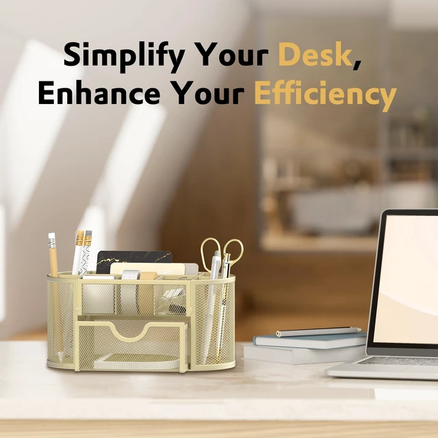 Alt view image 2 of 7 - Mesh Desk Organizer, Desk Accessories & Workspace Organizers with Drawers, Pencil Holder for Desk with 9 Compartments for Office Suppliess, 8.6 x 4.3 x 4.1 Inch, Yellow