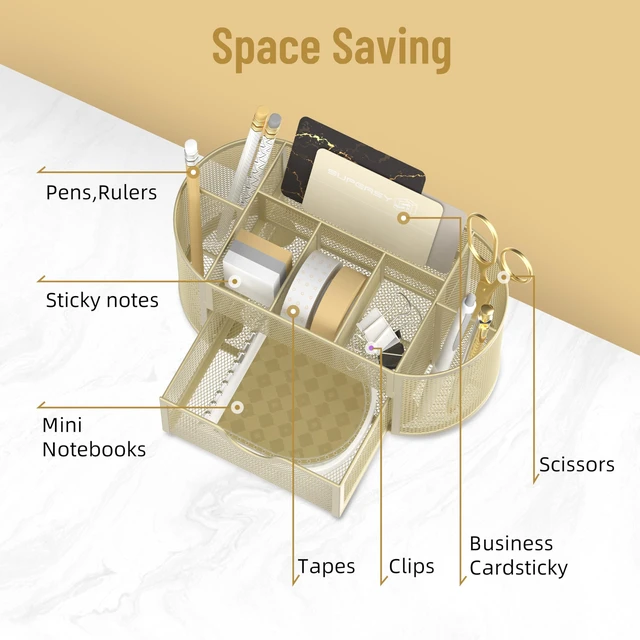 Alt view image 4 of 7 - Mesh Desk Organizer, Desk Accessories & Workspace Organizers with Drawers, Pencil Holder for Desk with 9 Compartments for Office Suppliess, 8.6 x 4.3 x 4.1 Inch, Yellow