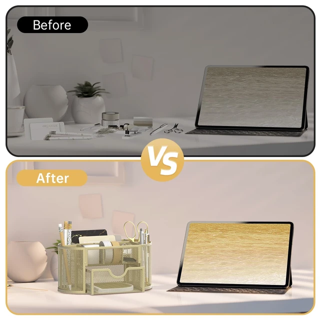 Alt view image 7 of 7 - Mesh Desk Organizer, Desk Accessories & Workspace Organizers with Drawers, Pencil Holder for Desk with 9 Compartments for Office Suppliess, 8.6 x 4.3 x 4.1 Inch, Yellow