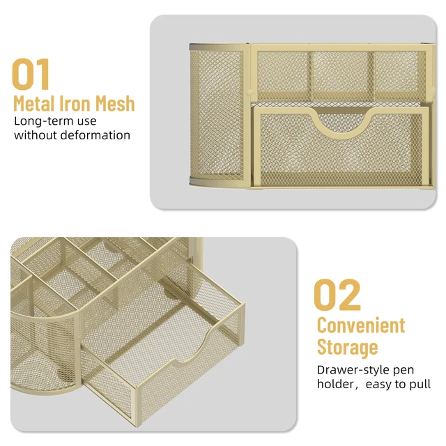 Alt view image 5 of 7 - Mesh Desk Organizer, Desk Accessories & Workspace Organizers with Drawers, Pencil Holder for Desk with 9 Compartments for Office Suppliess, 8.6 x 4.3 x 4.1 Inch, Yellow