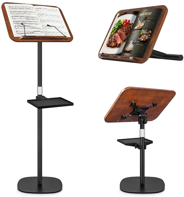 Main image of 2 in 1 Dual-use Music Stand & Desktop Book Stand, Adjustable Height 16.5"-51", 100% Solid Wood Laptop Floor Stand Book Holder with Elastic Page Clips for Cookbooks (Black Walnut with Tray)
