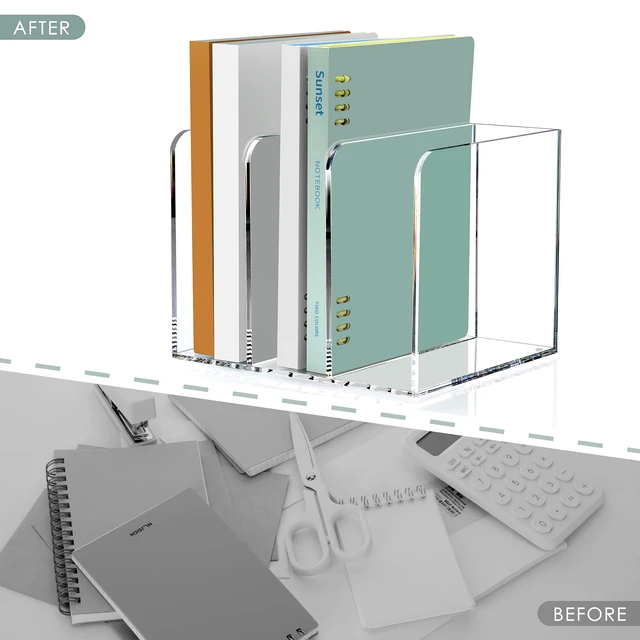Alt view image 7 of 7 - Acrylic Magazine Holder Desk Organizer Workspace Sorter Clear 3 Slot Bookend File Sorter Holder,Folder Rack, Office Accessories Organization Storage with 3 Vertical Compartments