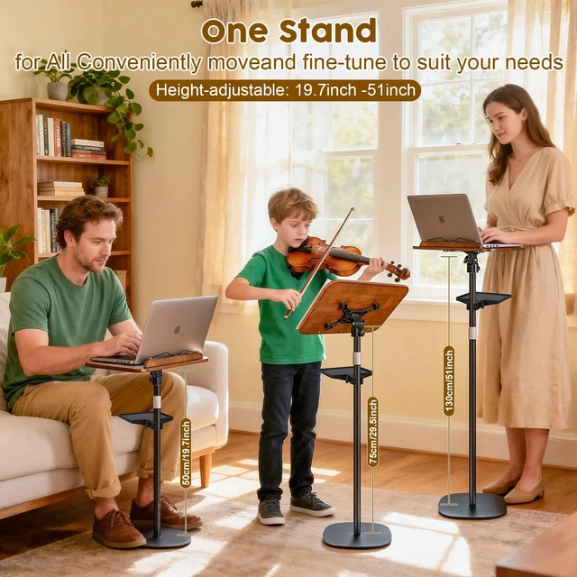 Alt view image 3 of 7 - 2 in 1 Dual-use Music Stand & Desktop Book Stand, Adjustable Height 16.5"-51", 100% Solid Wood Laptop Floor Stand Book Holder with Elastic Page Clips for Cookbooks (Black Walnut with Tray)