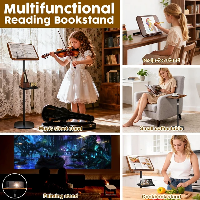 Alt view image 4 of 7 - 2 in 1 Dual-use Music Stand & Desktop Book Stand, Adjustable Height 16.5"-51", 100% Solid Wood Laptop Floor Stand Book Holder with Elastic Page Clips for Cookbooks (Black Walnut with Tray)