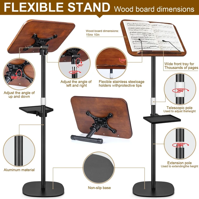 Alt view image 5 of 7 - 2 in 1 Dual-use Music Stand & Desktop Book Stand, Adjustable Height 16.5"-51", 100% Solid Wood Laptop Floor Stand Book Holder with Elastic Page Clips for Cookbooks (Black Walnut with Tray)