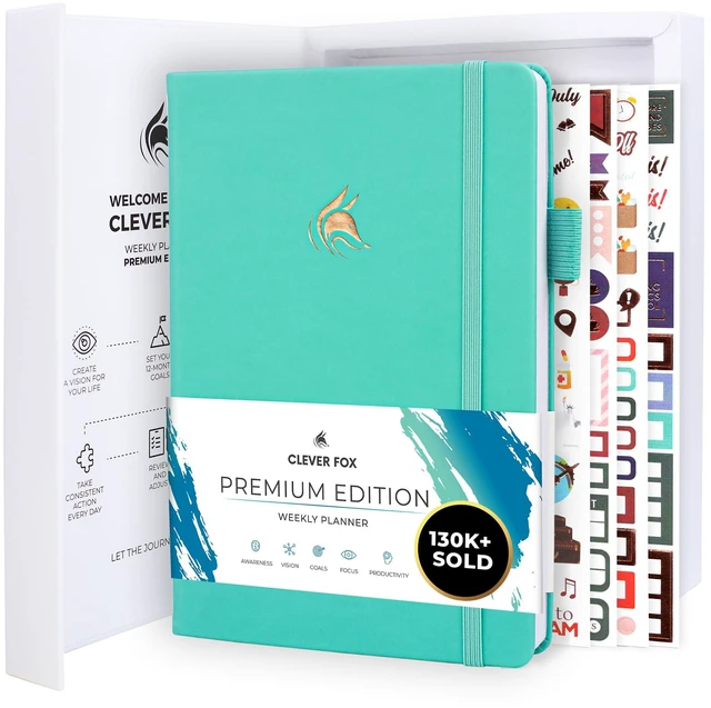 Main image of Planner Premium, Undated Weekly & Monthly Planner, Turquoise Advanced planner with gift box & stickers, daily day organizer for women, men & entrepreneurs, A5 eco leather hard cover