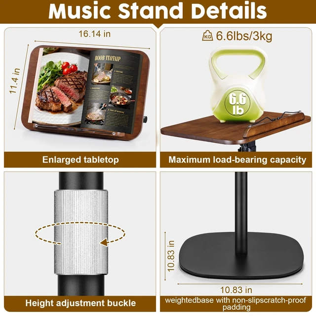 Alt view image 7 of 7 - 2 in 1 Dual-use Music Stand & Desktop Book Stand, Adjustable Height 16.5"-51", 100% Solid Wood Laptop Floor Stand Book Holder with Elastic Page Clips for Cookbooks (Black Walnut with Tray)