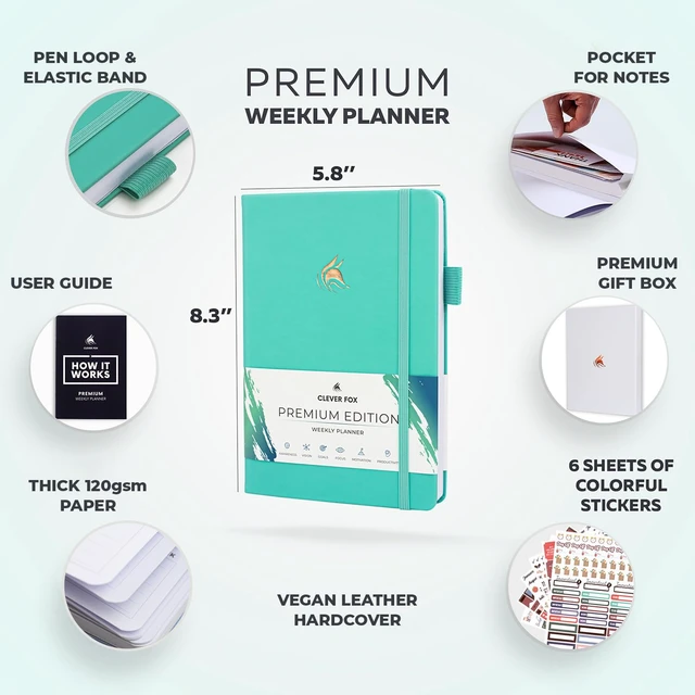 Alt view image 2 of 7 - Planner Premium, Undated Weekly & Monthly Planner, Turquoise Advanced planner with gift box & stickers, daily day organizer for women, men & entrepreneurs, A5 eco leather hard cover