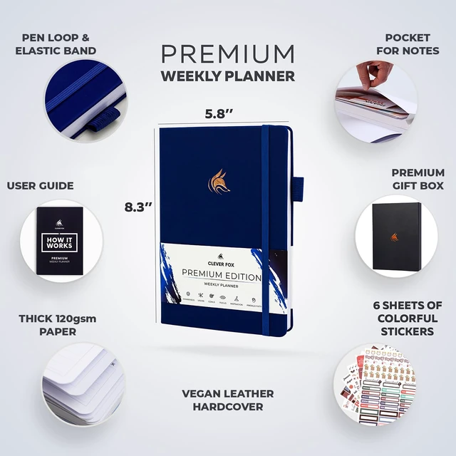 Alt view image 2 of 7 - Planner Premium, Undated Weekly & Monthly Planner, Navy Blue Advanced planner with gift box & stickers, daily day organizer for women, men & entrepreneurs, A5 eco leather hard cover