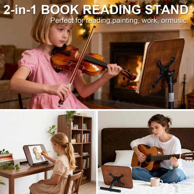 Alt view image 2 of 7 - 2 in 1 Dual-use Music Stand & Desktop Book Stand, Adjustable Height 16.5"-51", 100% Solid Wood Laptop Floor Stand Book Holder with Elastic Page Clips for Cookbooks (Black Walnut with Tray and Wheels)