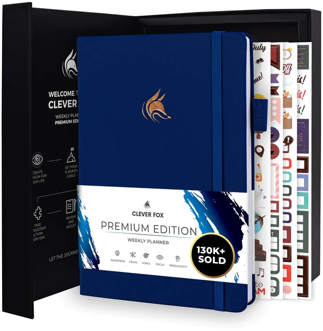 Main image of Planner Premium, Undated Weekly & Monthly Planner, Navy Blue Advanced planner with gift box & stickers, daily day organizer for women, men & entrepreneurs, A5 eco leather hard cover
