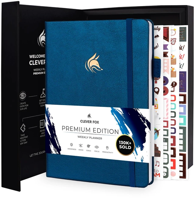 Main image of Planner Premium, Undated Weekly & Monthly Planner, Mystic Blue Advanced planner with gift box & stickers, daily day organizer for women, men & entrepreneurs, A5 eco leather hard cover