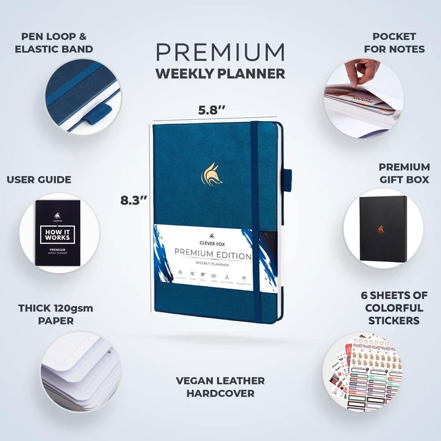 Alt view image 2 of 7 - Planner Premium, Undated Weekly & Monthly Planner, Mystic Blue Advanced planner with gift box & stickers, daily day organizer for women, men & entrepreneurs, A5 eco leather hard cover