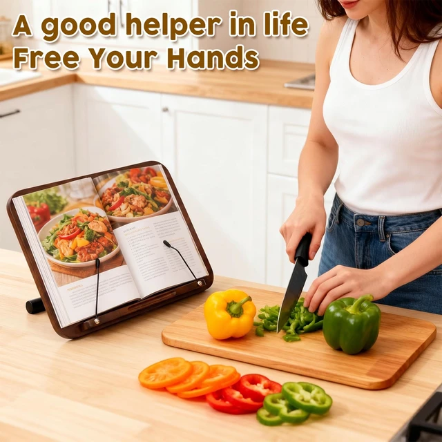 Alt view image 6 of 7 - 2 in 1 Dual-use Music Stand & Desktop Book Stand, Adjustable Height 16.5"-51", 100% Solid Wood Laptop Floor Stand Book Holder with Elastic Page Clips for Cookbooks (Black Walnut with Tray and Wheels)