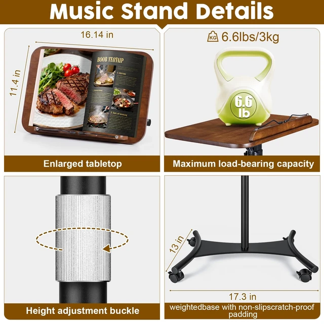 Alt view image 7 of 7 - 2 in 1 Dual-use Music Stand & Desktop Book Stand, Adjustable Height 16.5"-51", 100% Solid Wood Laptop Floor Stand Book Holder with Elastic Page Clips for Cookbooks (Black Walnut with Tray and Wheels)