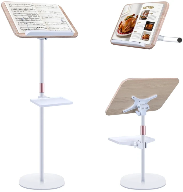 Main image of 2 in 1 Dual-use Music Stand & Desktop Book Stand, Adjustable Height 16.5"-51", 100% Solid Wood Laptop Floor Stand Book Holder with Elastic Page Clips for Cookbooks (White with Tray)