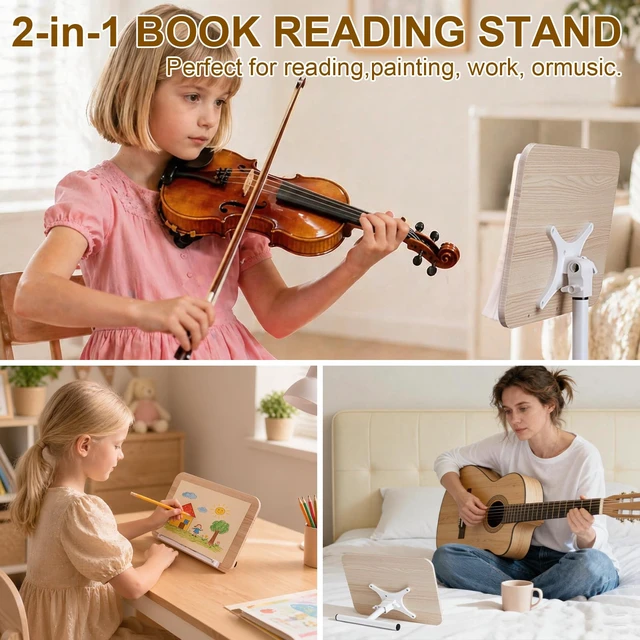 Alt view image 2 of 7 - 2 in 1 Dual-use Music Stand & Desktop Book Stand, Adjustable Height 16.5"-51", 100% Solid Wood Laptop Floor Stand Book Holder with Elastic Page Clips for Cookbooks (White with Tray)