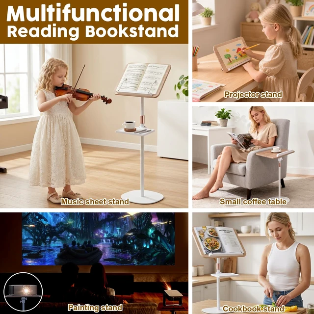 Alt view image 4 of 7 - 2 in 1 Dual-use Music Stand & Desktop Book Stand, Adjustable Height 16.5"-51", 100% Solid Wood Laptop Floor Stand Book Holder with Elastic Page Clips for Cookbooks (White with Tray)