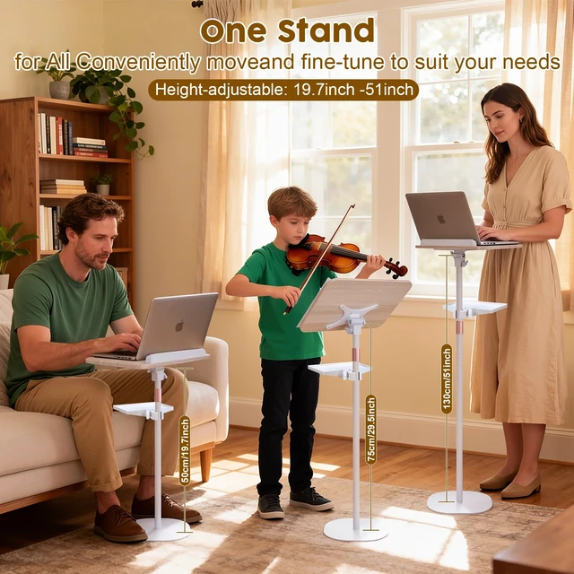 Alt view image 3 of 7 - 2 in 1 Dual-use Music Stand & Desktop Book Stand, Adjustable Height 16.5"-51", 100% Solid Wood Laptop Floor Stand Book Holder with Elastic Page Clips for Cookbooks (White with Tray)