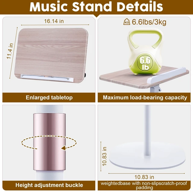 Alt view image 7 of 7 - 2 in 1 Dual-use Music Stand & Desktop Book Stand, Adjustable Height 16.5"-51", 100% Solid Wood Laptop Floor Stand Book Holder with Elastic Page Clips for Cookbooks (White with Tray)