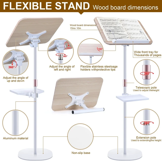 Alt view image 5 of 7 - 2 in 1 Dual-use Music Stand & Desktop Book Stand, Adjustable Height 16.5"-51", 100% Solid Wood Laptop Floor Stand Book Holder with Elastic Page Clips for Cookbooks (White with Tray)