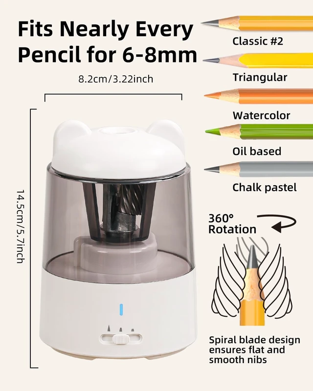 Alt view image 2 of 7 - Electric Pencil Sharpener for Colored Pencils, Auto Stop,White 3 Sharpening Modes,Suitable for No.2/Colored (6-8mm),Cordless Rechargeable,Cute for Kids Gift, for Classroom/Office/Home