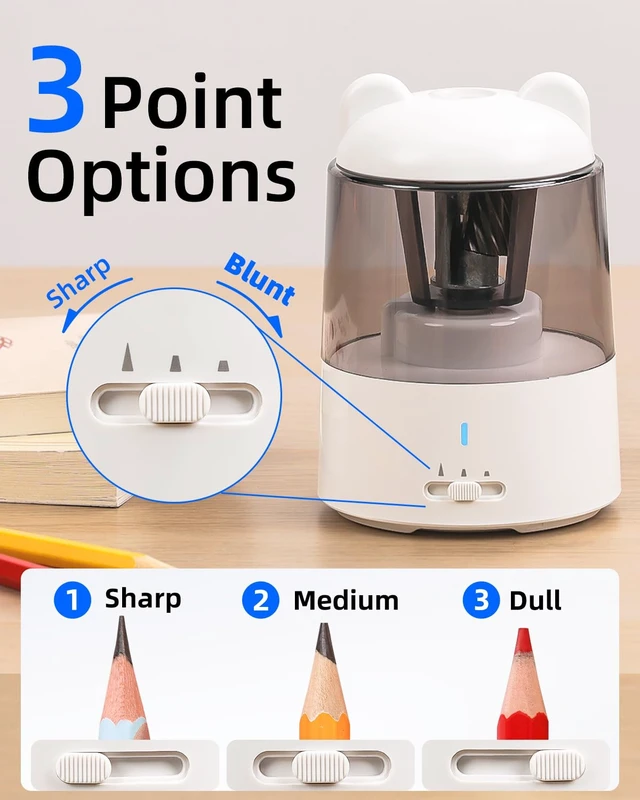 Alt view image 3 of 7 - Electric Pencil Sharpener for Colored Pencils, Auto Stop,White 3 Sharpening Modes,Suitable for No.2/Colored (6-8mm),Cordless Rechargeable,Cute for Kids Gift, for Classroom/Office/Home