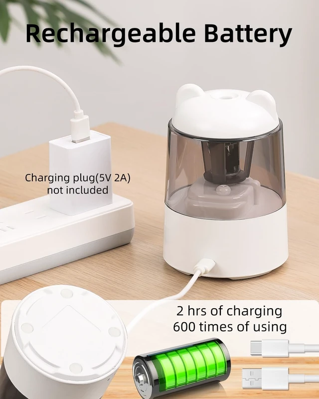 Alt view image 4 of 7 - Electric Pencil Sharpener for Colored Pencils, Auto Stop,White 3 Sharpening Modes,Suitable for No.2/Colored (6-8mm),Cordless Rechargeable,Cute for Kids Gift, for Classroom/Office/Home