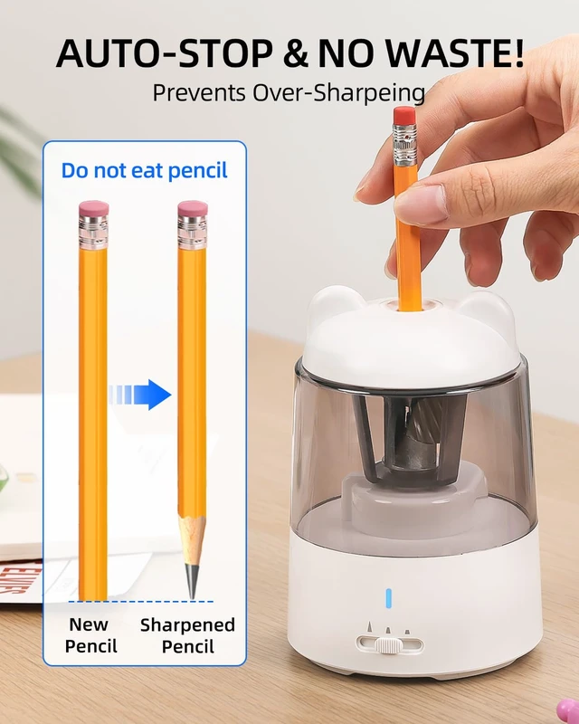 Alt view image 5 of 7 - Electric Pencil Sharpener for Colored Pencils, Auto Stop,White 3 Sharpening Modes,Suitable for No.2/Colored (6-8mm),Cordless Rechargeable,Cute for Kids Gift, for Classroom/Office/Home