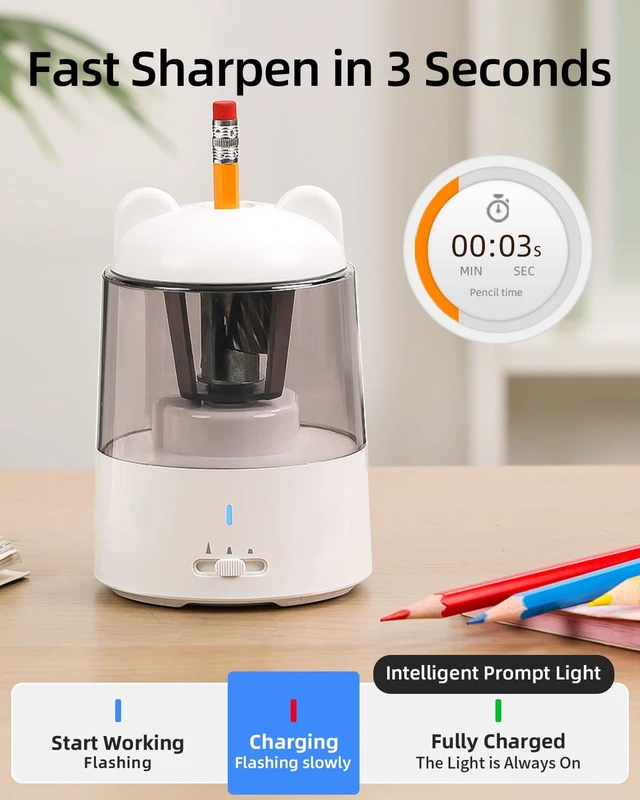 Alt view image 6 of 7 - Electric Pencil Sharpener for Colored Pencils, Auto Stop,White 3 Sharpening Modes,Suitable for No.2/Colored (6-8mm),Cordless Rechargeable,Cute for Kids Gift, for Classroom/Office/Home