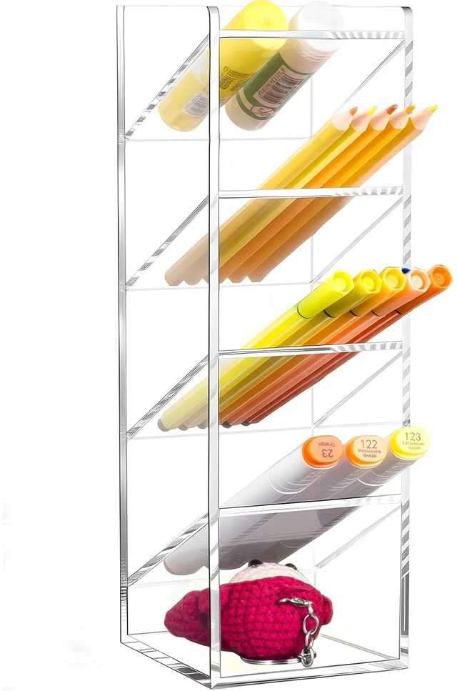 Main image of Acrylic Vertical Marker Organizer for 50 Markers, Desk Orgaizer 5 Compartments Clear Angled Pen & Pencil Holder, Large Stationery & Art Supply Storage for School (10.2 x3.3 x 4 Inch)